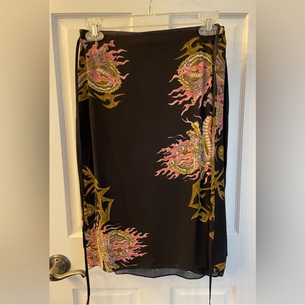 Rare Betsey Johnson Dragon Print Black Wrap Skirt